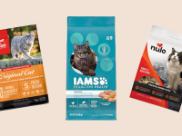 Three different bags of cat food brands.