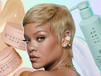 Collage of Rihanna wearing a cropped blonde bob surrounded by Fenty Hair products.