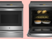 Two images of the GE Profile PHS93XYPFS Slide-in Induction Range against a pink background.