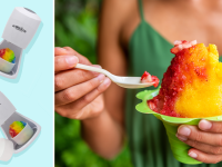 (left) Two shaved ice makers against a blue background. (right) A person takes a spoonful of shaved ice.