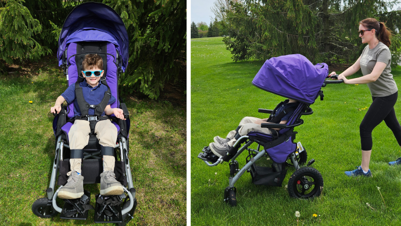 On left: A boy sits in a blue Convaid Coaster stroller. On right: A woman pushes the boy in the stroller convaid coaster hero