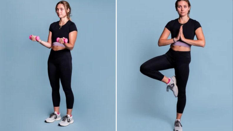 Two photos of a woman posing in Halara activewear.