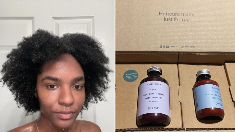 Portrait of a woman with curly hair next to a box full of haircare products.