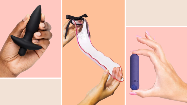 Three different types of sex toys on a pink and orange background.