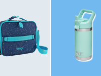 A blue lunchbox and a blue Yeti water bottle, side-by-side, perfect for packing a lunch for school.