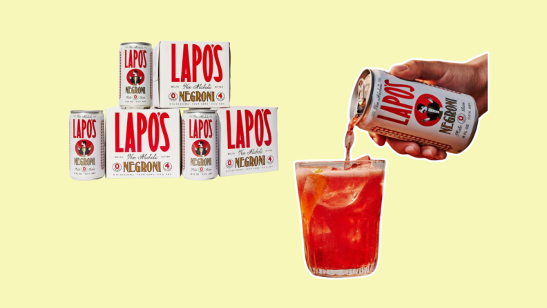 A pile of boxes of Lapo's Negronis,  beside a hand pouring a can of Lapo's into a glass