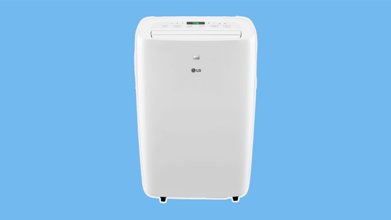 A LG LP0621WSR portable air conditioner on a blue background