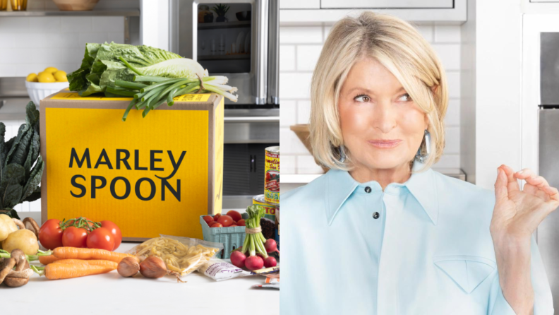 A photo collage of a Marley Spoon shipping box surrounded by fresh vegetables and a photo of Martha Stuart grinning.