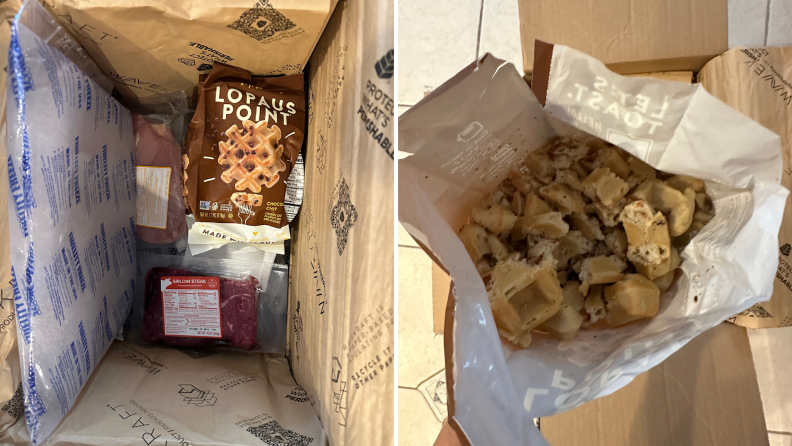 Left: The grocery items inside the insulated Marley Spoon cardboard box. Right: The crumbled waffles.