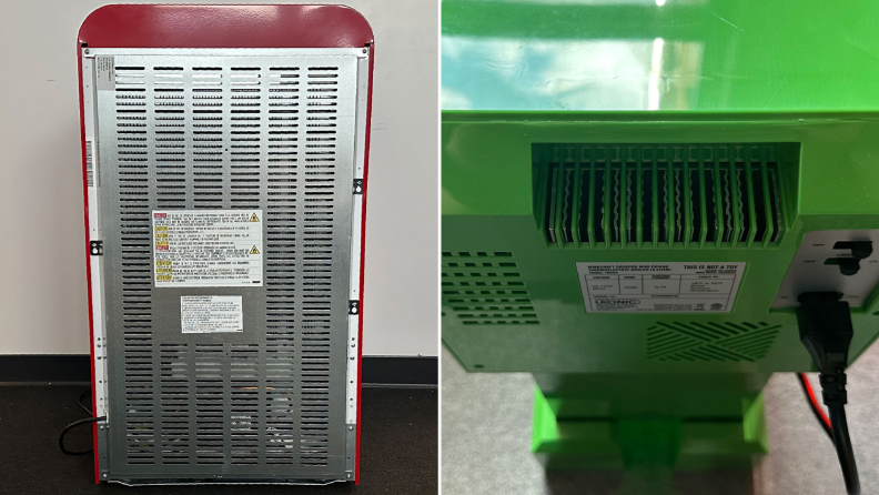 Right: The vented silver back of a traditional min-fridge. Left: The small ridges of a heat sink on the back of a green thermoelectric cooler.