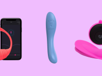 Three music sex toys (the Lovehoney Juno Rechargeable Music-Activated Panty Vibrator, the Lovers Svakom Ava Neo App Controlled Thrusting G-Spot Vibrator and the Lovehoney Juno Rechargeable Music-Activated Vibrating Butt Plug) in front of a pink background.