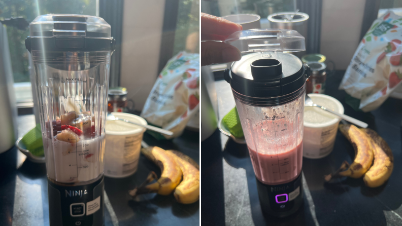 Left: The Ninja Blast with frozen fruit and yogurt inside. Right: Pink blended smoothie in the Ninja Blast.