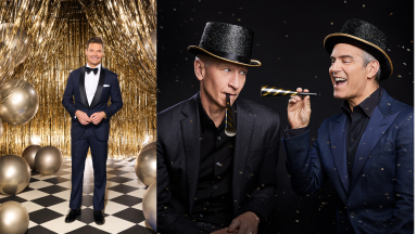 Ryan Seacrest, host of “Dick Clark’s New Year’s Rockin’ Eve with Ryan Seacrest”; Anderson Cooper and Andy Cohen with top hats on a black background