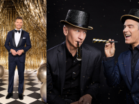 Ryan Seacrest, host of “Dick Clark’s New Year’s Rockin’ Eve with Ryan Seacrest”; Anderson Cooper and Andy Cohen with top hats on a black background