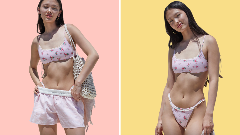 Collage of a woman wearing a floral bikini from Pacsun.