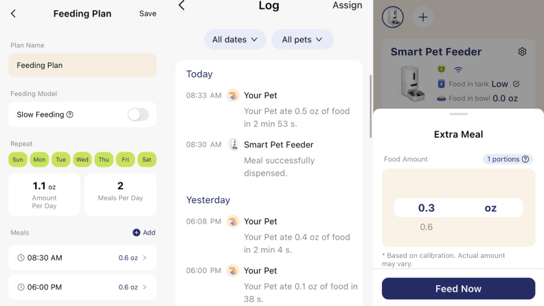 Three screenshots of the Pawsync app that control the feeder's settings.