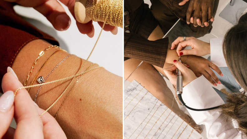 Photos of people getting sized and welded with permanent bracelets.