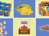 There are six boxes with six different alternative plant-based meat proteins, which include: six bags of Fillo's, a jack fruit cut into pieces, a container of Ozo brand plant-based shredded chicken, a box of Jack & Annies's brand of meatballs, a pile of pea protein and a pile of lentils.