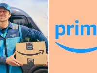 Someone holding an Amazon package next to the Amazon Prime logo on a colored background.