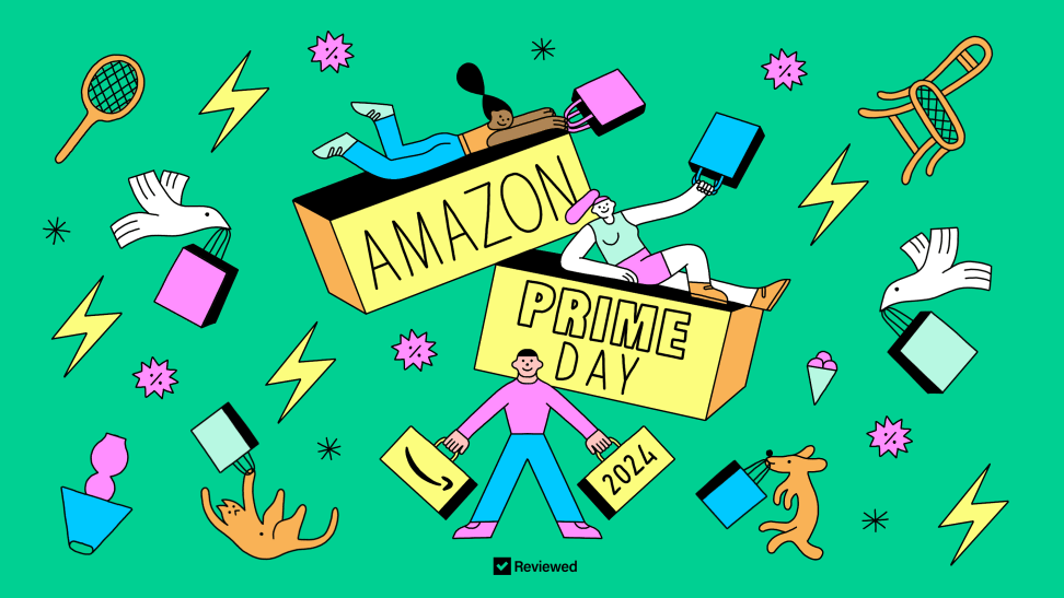 Animated graphic with people shopping for deals with the words Amazon Prime day 2024 at the center.