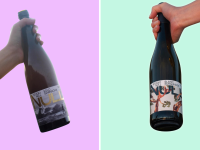 Split image of two hands holding Studio Null wine bottles.