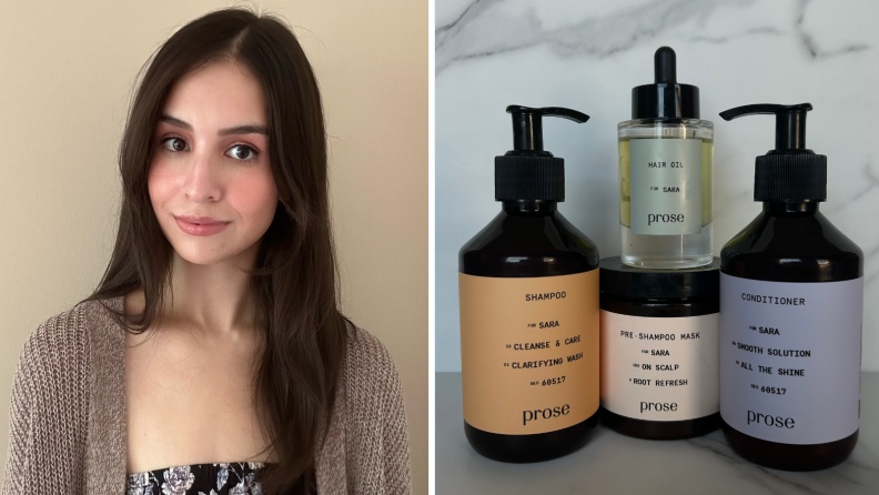 Portrait of a woman next to a group of four haircare products.