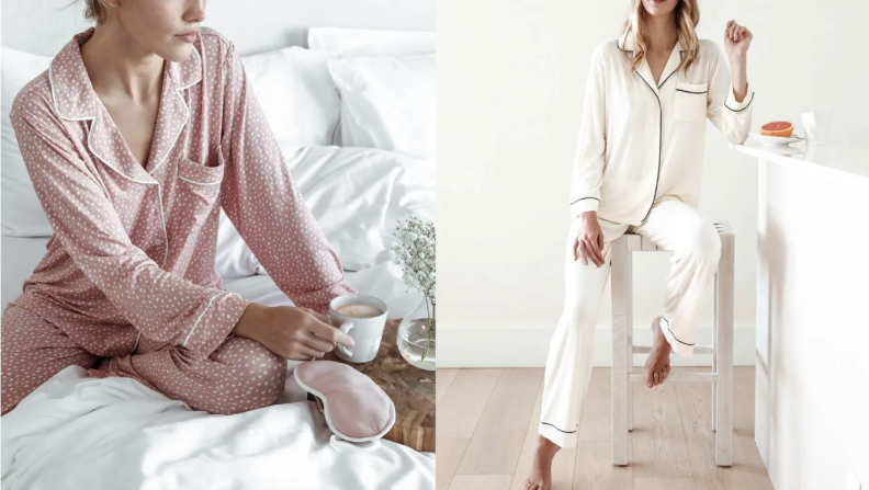 Two woman wearing pink and white pairs of Eberjey pajamas inside a house.