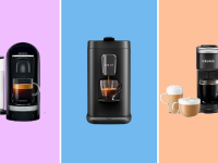 Nespresso, Instant, and Keurig single-serve coffee makers silhouetted against lavender, blue and orange backgrounds.