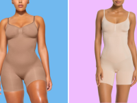 Models wearing a medium-brown shaping bodysuit from Skims and a pale shaping bodysuit from Spanx.