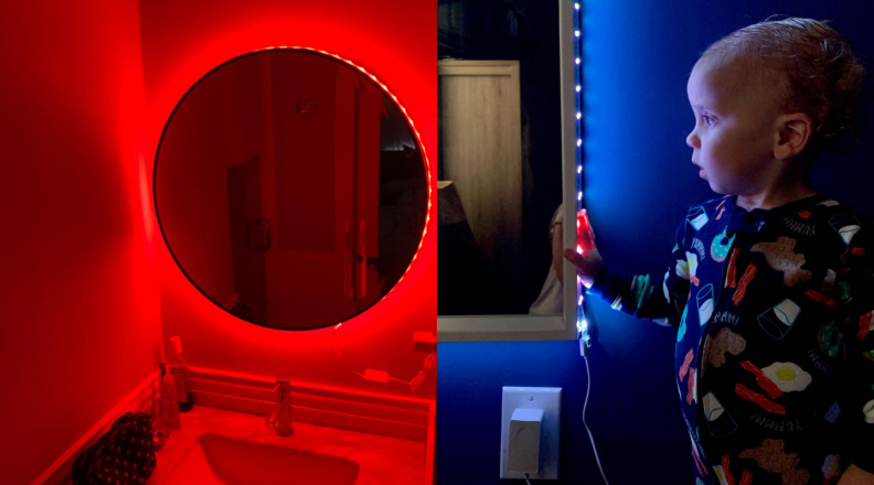 Smart strip lights illuminated in red and blue