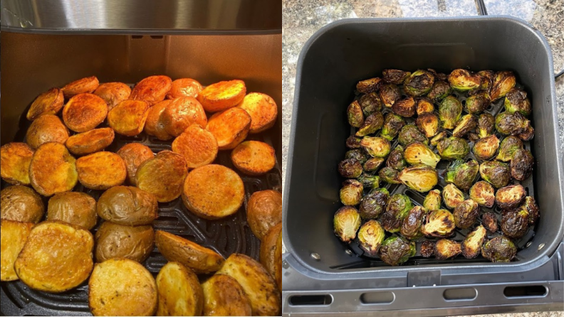 A photo collage of roasted potatoes and cooked Brussels sprouts inside of an air fryer basket.