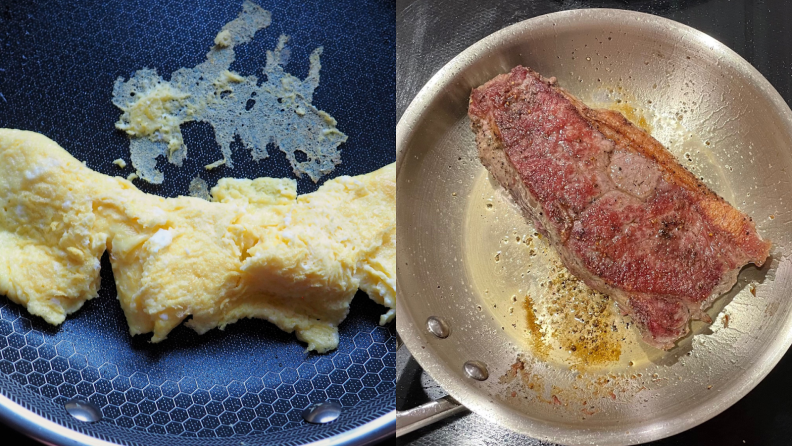 A photo collage of a scrambled egg inside of a skillet pan and a NY strip steak being seared inside of a stainless steel skillet pan.