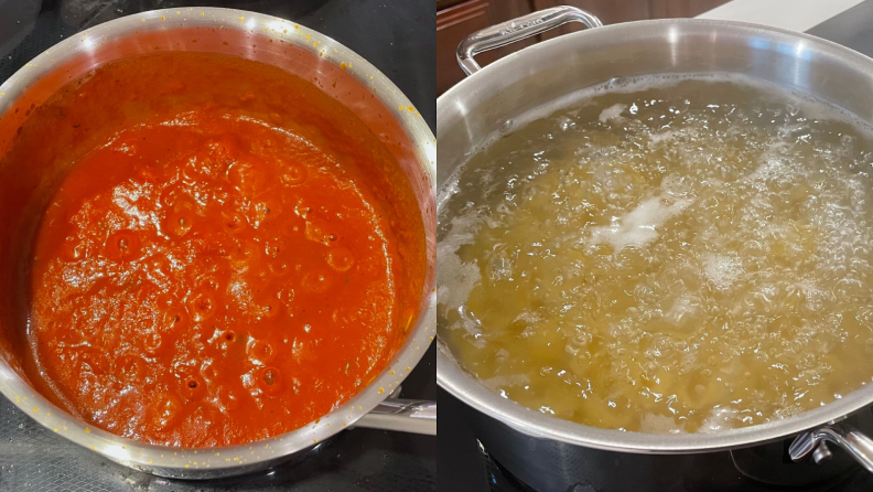 Photo collage of red pasta sauce being simmered inside of a stainless steel pot next to a stainless steel pot filled with boiling pasta.