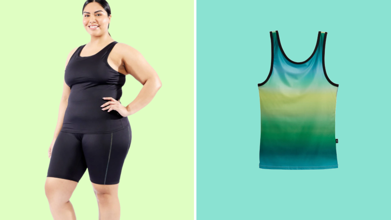 Collage of a woman wearing a swimsuit from TomboyX and a tank top from TomboyX.