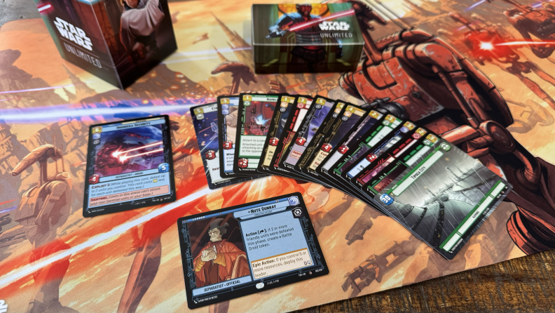 A spread of cards from Twilight of the Republic on a Star Wars Unlimited playmat.