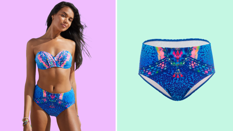 Photo of a woman wearing a bikini from online swimsuit retailer Venus next to a photo of Venus bikini bottoms.