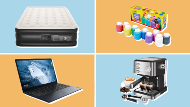 A collage of on-sale Walmart products, including a Crayola paint set and a Lenovo laptop.