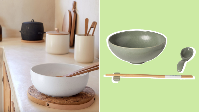 On left, white ramen bowl with chopsticks on top from West Elm on top of counter in kitchen. On right, gray ramen bowl next to chopsticks.