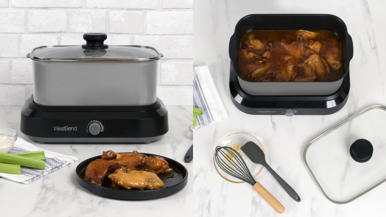 Left: West Bend slow cooker on counter, with plate of chicken in front. Right: West Bend slow cooker full of food, shot from above