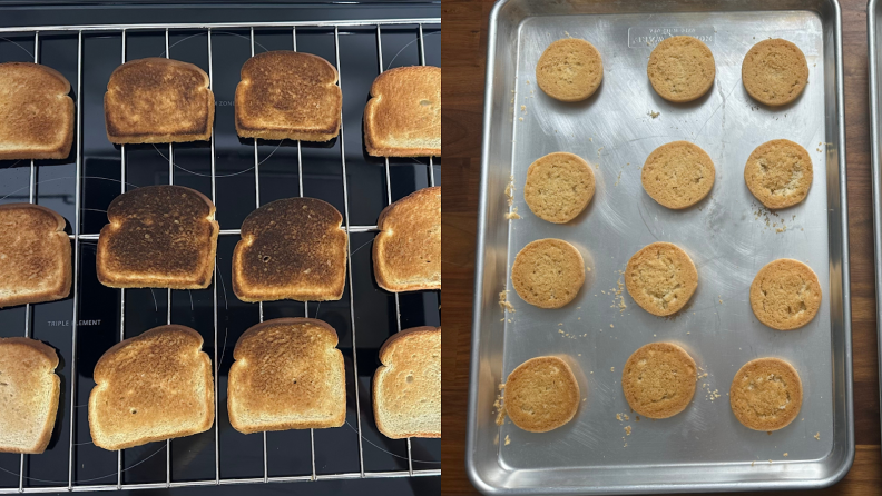 A collage of toast on top of a wire rack with different levels of browning and baked cookies on a baking sheet.