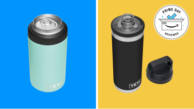 A Yeti stainless steel bottle and canister on a colorful background.